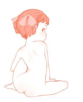 1girl anus ass back barefoot bow completely_nude freckles hair_bow highres johanna_von_trapp loli looking_back monochrome nude red_theme riarutoruchokku ringlets shoulder_blades simple_background sitting solo trapp_ikka_monogatari webp-to-png_conversion white_background world_masterpiece_theater