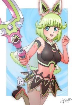 1girl absurdres animal_charm animal_ear_hairband animal_ears aqua_eyes bare_shoulders blush breasts capelet charm_(object) commentary_request elbow_gloves eyelashes fake_animal_ears gloves green_hair hairband high_heels highres holding holding_wand lara_tchaikoskaya medium_hair open_mouth pink_gloves pottya signature smile solo standing standing_on_one_leg teeth tiger_&amp;_bunny upper_teeth_only wand white_capelet