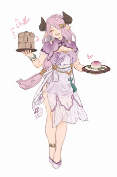 1girl ^_^ bamboo_steamer bracelet breasts china_dress chinese_clothes cleavage closed_eyes curled_horns dress earrings facing_viewer full_body granblue_fantasy hair_ornament hibana_(hibana_ztlv) highres horns jewelry long_hair looking_at_viewer narmaya_(granblue_fantasy) pointy_ears side_slit simple_background solo tassel very_long_hair white_background