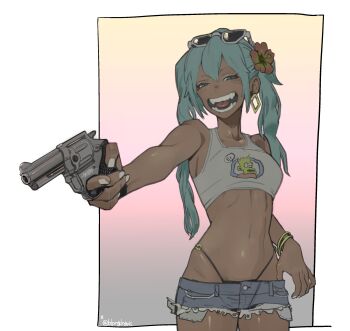 1girl :d absurdres aqua_eyes artist_name bare_shoulders bart_simpson bikini black_bikini blorg_draws blush bracelet brazilian_miku breasts character_print collarbone cowboy_shot dark-skinned_female dark_skin denim denim_shorts earrings eyewear_on_head flower gradient_background gun hair_flower hair_ornament hatsune_miku highleg highleg_bikini highres holding holding_gun holding_weapon jewelry long_hair micro_shorts navel open_mouth shiny_skin shirt shorts smile solo sunglasses swimsuit tan tanline teeth the_simpsons thong thong_bikini tongue twintails vocaloid weapon wide_hips