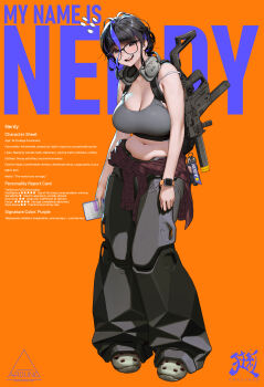 1girl absurdres bag baggy_pants bare_shoulders belly black-framed_eyewear black_hair black_pants blue_hair blush bra_strap breasts cargo_pants cellphone character_name cleavage commentary crazyred crocs english_commentary english_text full_body glasses gun headphones headphones_around_neck highres holding holding_bag holding_phone large_breasts looking_at_viewer midriff mixed-language_commentary multicolored_hair navel open_mouth orange_background original pants phone plump shirt simple_background smartphone solo standing strap_slip streaked_hair sweatdrop tied_shirt watch weapon