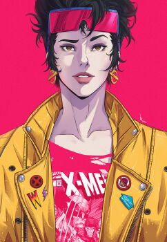 1girl 2024 commentary earrings english_commentary eyewear_on_head gambit highres jewelry jhony_caballero jubilee marvel pin raised_eyebrow sentinel_(x-men) signature solo wolverine_(x-men) x-men