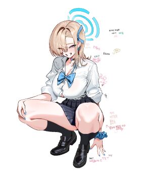 1girl anyak05 asuna_(blue_archive) asuna_(school_uniform)_(blue_archive) black_choker black_shoes black_socks blue_archive blue_bow blue_bowtie blue_eyes blue_nails blue_ribbon blush bow bowtie breasts brown_hair button_gap choker ear_piercing grin hair_over_one_eye hair_ribbon halo hand_on_own_knee highres kneehighs large_breasts loafers looking_at_viewer miniskirt nail_polish piercing pleated_skirt ribbon school_uniform scrunchie shirt shoes simple_background skirt sleeves_rolled_up smile socks solo squatting white_background white_shirt wrist_scrunchie