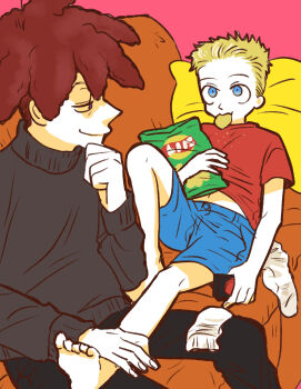 20th_century_fox age_difference bare_legs barefoot bart_simpson blonde_hair blue_shorts chawako_(spchawanmushi) child chips_(food) eating feet food highres legs lying male_focus messy_hair pillow potato_chips red_hair red_shirt shirt shorts shota sideshow_bob sitting smile socks soles sweater the_simpsons toes unworn_socks yaoi