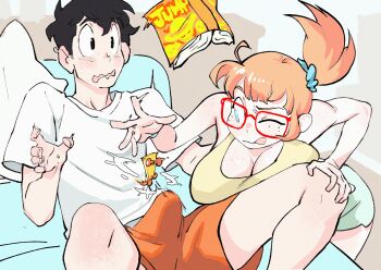 1boy 1girl absurdres ahoge aqua_eyes black_eyes black_hair blush body_freckles breasts breasts_on_thighs bulge chest_freckles colo_(nagrolaz) commentary erection erection_under_clothes finger_skateboard freckles glasses highres kyler_(sweethex) large_penis long_hair lying magazine_(object) on_back one_eye_closed orange_hair penis ponytail rita_(sweethex) shirt short_hair short_sleeves shoulder_freckles skateboard sweethex tongue tongue_out underwear white_shirt