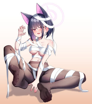 1girl absurdres animal_ears areola_slip bandaged_arm bandaged_chest bandaged_head bandaged_leg bandages black_hair black_pants blue_archive blush breasts cat_ears claw_pose closed_mouth collarbone colored_inner_hair comaya commentary covered_erect_nipples extra_ears fang gradient_background hair_behind_ear halloween halo highres kazusa_(blue_archive) looking_at_viewer medium_hair multicolored_hair mummy_costume navel open_mouth pants pink_background pink_eyes pink_hair pink_halo skin_fang solo stomach sweatdrop thighs two-tone_hair white_background