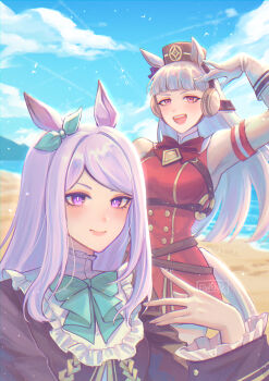 2girls absurdres animal_ears aqua_bow aqua_bowtie aqua_ribbon armband beach black_jacket blue_sky blunt_bangs blush bow bowtie breasts brown_hat closed_mouth cloud coat dress ear_bow ear_ribbon elwenz frilled_coat frilled_jacket frills gloves gold_ship_(red_strife)_(umamusume) gold_ship_(umamusume) grey_hair hat highres horse_ears horse_girl horse_tail jacket long_hair long_sleeves looking_at_viewer medium_breasts mejiro_mcqueen_(frontline_elegance)_(umamusume) mejiro_mcqueen_(umamusume) multiple_girls open_mouth outdoors pantyhose pillbox_hat purple_bow purple_eyes purple_hair red_dress ribbon sand sky sleeveless sleeveless_dress smile striped_armband striped_clothes tail umamusume water white_gloves white_pantyhose