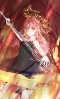 Rule 34 | 1girl, absurdres, bare arms, bare shoulders, black dress, braid, bright pupils, broken halo, cowboy shot, dress, expressionless, eyelashes, feather-trimmed dress, fiery background, fighting stance, fire, half up braid, halo, highres, holding, holding scythe, long hair, nikki (nikki), nikki (series), parted lips, pink eyes, pink hair, ringlets, scythe, short dress, single braid, sleeveless, sleeveless dress, solo, spaghetti strap, standing, thighs, thorns, very long hair, white pupils, yanjiujun, yellow halo