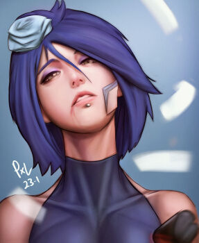 1girl bare_shoulders blood blood_from_mouth blue_eyeliner blue_hair blue_sky eyeliner face_piercing flower hair_flower hair_ornament highres konan_(naruto) labret_piercing looking_at_viewer makeup naruto_(series) naruto_shippuuden outdoors paper piercing pixeltroops realistic short_hair signature sky sleeveless solo turtleneck white_flower