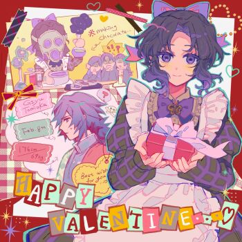 Rule 34 | 1boy, 4girls, alternate costume, apron, arrow (symbol), birthday date, black dress, black hair, bow, bowtie, box, character name, chocolate making, closed mouth, colored tips, commentary, cooking pot, dress, english text, enmaided, flask, frilled apron, frills, gas mask, gift, gift box, hair bow, happy valentine, heart, highres, holding, holding flask, holding gift, kimetsu no yaiba, kochou shinobu, long hair, long sleeves, looking at viewer, maid, maid apron, mask, megumi eho, multicolored hair, multiple girls, parted bangs, purple bow, purple bowtie, purple eyes, purple streaks, red background, short hair, smile, smoke, spiked hair, stats, sweat, test tube, test tube rack, tomioka giyuu, upper body, valentine, white apron