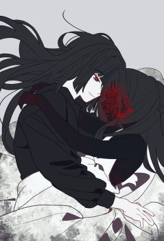 2girls black_hair black_shirt child closed_mouth commentary_request faceless highres hug korean_commentary limbus_company long_hair long_sleeves mother_and_daughter multiple_girls project_moon red_eyes rodionlotte ryoshu_(project_moon) shirt simple_background smile white_background