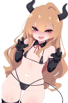 1girl aisaka_taiga bikini black_thighhighs blush brown_eyes brown_hair demon demon_girl elbow_gloves female_focus flat_chest gloves highres horns kukuchi581 kyojiri_loli loli looking_at_viewer micro_bikini simple_background smile solo standing stomach swimsuit thighhighs toradora! white_background