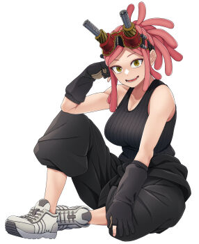 1girl absurdres baggy_pants black_shirt blouse boku_no_hero_academia breasts cleavage clothes_around_waist collarbone commentary crosshair_pupils eyewear_on_head glasses gloves hair_bun hand_on_own_head hatsume_mei highres jacket jacket_around_waist kobaji large_breasts looking_at_viewer messy_hair no_socks pants pink_hair shirt shoes simple_background single_hair_bun sitting smile sneakers solo symbol-shaped_pupils unworn_jacket white_background yellow_eyes