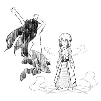 2girls ahoge akin999 alternate_universe armor armored_dress artoria_pendragon_(fate) braid clenched_hands commentary_request dress fate/stay_night fate_(series) gauntlets greyscale jumping long_hair long_sleeves magic_circle monochrome multiple_girls no_nose pentagram saber_(fate) sketch skirt smoke summoning thighhighs tohsaka_rin two_side_up |_|
