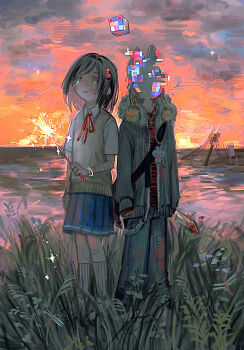 1girl 1other ambiguous_gender animal_ears bandage_on_leg bandaged_arm bandages black_hair blood bloody_weapon blue_skirt blush bracelet bug cloud cloudy_sky commentary_request cross cross_necklace crying crying_with_eyes_open cube denim dragonfly fireworks frown full_body fur-trimmed_jacket fur_trim glitch glowstick grass grey_eyes grey_jacket hair_bobbles hair_ornament highres holding holding_fireworks holding_knife horizon insect jacket jeans jewelry john_end kitchen_knife kneehighs knife long_sleeves looking_up neck_ribbon necklace open_clothes open_jacket open_mouth original outdoors pants partially_immersed patchwork_clothes pleated_skirt red_ribbon red_shirt ribbed_socks ribbon school_uniform shirt shoes short_sleeves shoulder_strap side-by-side skirt sky sneakers socks sparkler standing striped_clothes striped_shirt sunset sweater_vest tall_grass tears utility_pole water weapon white_socks yellow_sweater_vest