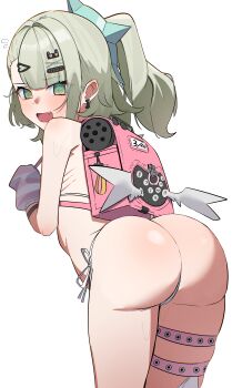 Rule 34 | 1girl, @ @, absurdres, arm warmers, ass, backpack, bag, commentary request, facing away, fang, green hair, hair ornament, highres, looking at viewer, nemu (jdgz3357), nude, open mouth, panties, randoseru, side-tie panties, side ponytail, simple background, skin fang, solo, striped arm warmers, sunna (zenless zone zero), thigh strap, thighs, underwear, white background, zenless zone zero