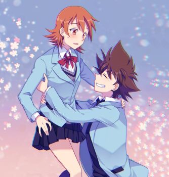 1boy 1girl black_skirt blue_jacket blush bow bowtie brown_eyes brown_hair cherry_blossoms closed_eyes collared_shirt commentary_request digimon digimon_adventure_tri. facing_another feet_out_of_frame floral_background grey_sweater_vest grin hand_on_another&#039;s_back jacket lifting_person long_sleeves looking_at_another loose_bowtie miniskirt momofukki open_clothes open_jacket orange_hair parted_lips pleated_skirt red_bow red_bowtie school_uniform shirt short_hair skirt smile sweatdrop sweater_vest takenouchi_sora thighs white_shirt yagami_taichi