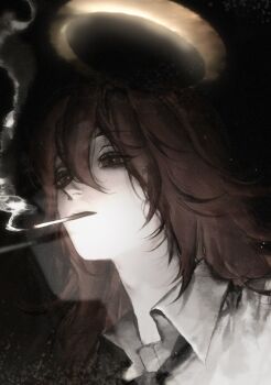 1boy absurdres angel_devil_(chainsaw_man) black_necktie chainsaw_man cigarette collared_shirt commentary grey_shirt halo highres kerrenok long_hair male_focus necktie red_eyes red_hair shirt smoke smoking solo symbol-only_commentary