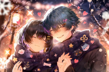 1boy 1girl black_hair blue_hair blurry blurry_background brant_(wuthering_waves) cat_hair_ornament chinese_commentary closed_eyes closed_mouth commentary_request couple female_rover_(wuthering_waves) fingernails hair_between_eyes hair_ornament hairclip heart hetero highres holding_hands multicolored_hair outdoors parallel_hairclips purple_scarf rover_(wuthering_waves) scarf shared_clothes shared_scarf smile snowing streaked_hair textless_version upper_body wuthering_waves xiaobailang