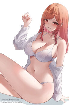 1girl absurdres blush bra breasts cleavage collarbone collared_shirt commentary frilled_bra frills gradient_hair hair_ornament hairclip hand_up highres hololive hololive_dev_is ichijou_ririka large_breasts long_hair looking_at_viewer multicolored_hair navel orange_eyes orange_hair panties parallel_hairclips pink_hair pynkmouth shirt shirt_partially_removed simple_background smile solo thighs underwear virtual_youtuber white_background white_bra white_panties white_shirt