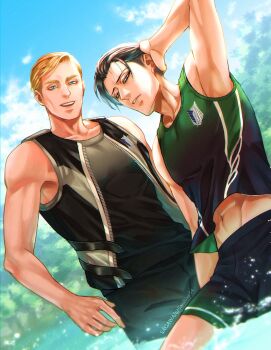 2boys absurdres bare_shoulders black_hair black_male_swimwear black_shirt black_shoes black_tank_top black_vest blonde_hair blue_eyes cowboy_shot erwin_smith green_shirt green_tank_top hair_behind_ear hand_in_own_hair highres levi_(shingeki_no_kyojin) looking_at_viewer male_focus male_swimwear midriff_peek mskei multiple_boys muscular muscular_male navel parted_lips partially_submerged shingeki_no_kyojin shirt shoes short_hair smile survey_corps_(emblem) swept_bangs tank_top vest