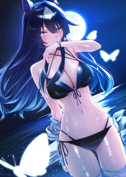 1girl absurdres animal_ear_piercing animal_ears bikini black_bikini blue_bikini blue_hair blush breasts bug butterfly cleavage collarbone commentary_request covering_own_mouth ear_ornament front-tie_bikini_top front-tie_top full_moon halterneck highres horse_ears horse_girl horse_tail insect large_breasts layered_bikini long_hair looking_at_viewer menchi_rishio moon multicolored_hair navel night outdoors purple_eyes side-tie_bikini_bottom single_hair_intake sky solo stomach streaked_hair swimsuit tail thighs umamusume verxina_(umamusume) wading white_streaks