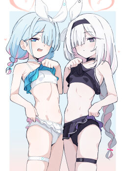 2girls arona_(blue_archive) bikini black_bikini black_choker black_hairband blue_archive blue_hair blush braid breasts choker closed_mouth colored_inner_hair donutman dot_nose expressionless frilled_bikini frills furrowed_brow hair_over_one_eye hair_ribbon hairband halo heart heart_halo highres layered_bikini lifting_own_clothes loli long_hair looking_at_viewer multicolored_hair multiple_girls navel one_eye_closed open_mouth pink_hair plana_(blue_archive) red_halo red_pupils ribbon single_braid small_breasts smile standing stomach swimsuit teeth thigh_strap thighs upper_teeth_only very_long_hair white_choker