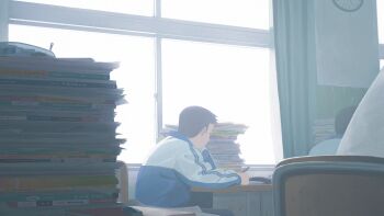 2boys black_hair blue_jacket book book_stack clock curtains day desk eraser from_side highres holding holding_pencil indoors jacket jiankun_yu long_sleeves male_focus multiple_boys original paper pencil school_desk short_hair sitting track_jacket window writing