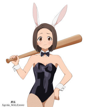 1girl akebi-chan_no_serafuku aki_male2000 animal_ears bare_shoulders baseball_bat black_bow black_bowtie black_leotard bow bowtie breasts brown_eyes brown_hair closed_mouth cowboy_shot detached_collar fake_animal_ears fishnet_pantyhose fishnets hand_on_own_hip highres holding holding_baseball_bat leotard light_blush medium_breasts pantyhose playboy_bunny rabbit_ears short_hair simple_background solo strapless strapless_leotard twitter_username usagihara_touko white_background wrist_cuffs