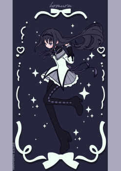 1girl akemi_homura black_background black_boots black_hair black_hairband black_shirt boots character_name commentary_request dated floating_hair full_body grey_skirt hairband hand_up high_heel_boots high_heels highres jacket knees_together_feet_apart layered_sleeves long_hair long_sleeves magical_girl mahou_shoujo_madoka_magica mahou_shoujo_madoka_magica_(anime) neki_(wakiko) pleated_skirt purple_eyes shirt skirt solo thigh_boots twitter_username very_long_hair white_jacket