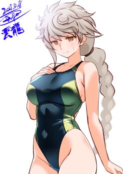 1girl asymmetrical_hair black_one-piece_swimsuit blush braid breasts commentary_request competition_swimsuit dated engo_(aquawatery) green_one-piece_swimsuit grey_hair hand_on_own_chest kantai_collection large_breasts long_hair looking_at_viewer one-hour_drawing_challenge one-piece_swimsuit single_braid solo sweatdrop swimsuit unryuu_(kancolle) very_long_hair wavy_hair white_background white_hair yellow_eyes