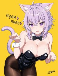Rule 34 | 1girl, absurdres, ahoge, alternate costume, animal ear fluff, animal ears, armpit crease, bare shoulders, black bow, black bowtie, black leotard, black pantyhose, bow, bowtie, breasts, cat ears, cat girl, cat tail, commentary request, crossed bangs, detached collar, fangs, fingernails, gluteal fold, hair between eyes, heart, highleg, highleg leotard, highres, hololive, large breasts, leaning forward, leotard, light blush, long fingernails, looking at viewer, nail polish, nekomata okayu, nyan, open mouth, pantyhose, paw pose, purple eyes, purple hair, purple nails, romaji text, short hair, signature, simple background, smile, solo, strapless, strapless leotard, tail, teeth, thigh gap, upper teeth only, virtual youtuber, white wrist cuffs, wrist cuffs, yellow background, zeiss