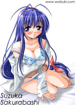 1girl antenna_hair arm_under_breasts bad_id barefoot bed_sheet blue_bra blue_eyes blue_hair blue_panties blush bow bra breasts character_name cleavage closed_mouth cosmos_no_sora_ni floral_print floral_print_bra floral_print_panties full_body hair_bow hairband long_hair low-tied_long_hair medium_breasts off_shoulder open_clothes open_shirt panties panty_pull print_panties red_bow red_hairband sakurabashi_suzuka shirt sitting solo strap_slip thighs underwear very_long_hair watermark watsuki_ayamo web_address white_background white_shirt yokozuwari