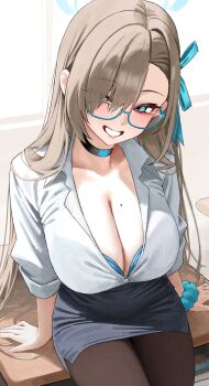 1girl absurdres alternate_costume asuna_(blue_archive) black_choker black_pantyhose blue-framed_eyewear blue_archive blue_halo blue_ribbon blue_scrunchie blue_skirt blush bra bra_peek breasts choker cleavage eyes_visible_through_hair glasses grin hair_over_one_eye hair_ribbon halo highres kono_(xerondan321) large_breasts looking_at_viewer miniskirt mole mole_on_breast pantyhose pencil_skirt ribbon scrunchie shirt sitting skirt sleeves_rolled_up smile solo underwear white_shirt