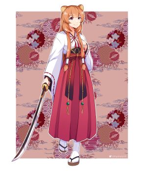 1girl absurdres animal_ear_fluff animal_ears blunt_bangs border breasts brown_hair commentary commissioner_name double-parted_bangs english_commentary full_body hair_tubes hakama hakama_skirt hand_on_own_chest hand_up highres holding holding_sword holding_weapon japanese_clothes katana kosode long_hair long_sleeves looking_at_viewer neck_tassel nogatsu official_alternate_costume outside_border raccoon_ears raccoon_girl raphtalia red_eyes red_hakama red_ribbon red_sash red_skirt ribbon ribbon-trimmed_sleeves ribbon_trim sandals sash second-party_source skirt small_breasts smile socks solo standing sword tabi tassel tate_no_yuusha_no_nariagari twitter_logo twitter_username vassal_katana_(beginner's_katana)_(tate_no_yuusha_no_nariagari) vassal_katana_(tate_no_yuusha_no_nariagari) weapon white_border white_kosode white_socks wide_sleeves