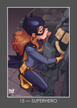 1boy 1girl artist_name barbara_gordon batgirl batgirl_costume_(2014) batman batman_(series) belt black_bodysuit bodysuit breasts brown_hair cape commentary dc_comics english_commentary english_text fellatio gloves hetero highres long_hair mask medium_breasts nayt_layt oral penis squatting superhero_costume twitter_username twitter_x_logo uncensored utility_belt watermark web_address yellow_gloves