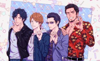 4boys beard belt black_belt black_eyes black_hair black_jacket blue_jacket brown_hair closed_mouth collarbone collared_shirt dress_shirt ear_piercing eyebrow_cut facial_hair grey_jacket hair_slicked_back hand_on_another&#039;s_shoulder hand_up higashi_tooru highres hood hood_down hoodie jacket jewelry judge_eyes kaito_masaharu leather leather_jacket long_sleeves looking_at_viewer male_focus mole mole_under_eye multiple_boys necklace ok_sign one_eye_closed orange_shirt parted_bangs piercing pinstripe_jacket pinstripe_pattern purple_shirt shirt smile striped sugiura_fumiya sunglasses sweatdrop swept_bangs upper_body white_hoodie white_shirt yagami_takayuki yakumo_(ykm)