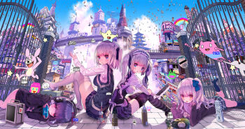 4girls :d :o black_ribbon black_shirt black_skirt black_thighhighs blue_eyes blue_sky blush breasts censored censored_identity closed_mouth cloud commentary_request day eiffel_tower elizabeth_tower gas_mask gate graffiti hair_ribbon handheld_game_console headphones heart heart-shaped_pupils highres holding holding_handheld_game_console john_hathway kneehighs knees_up leg_up long_hair long_sleeves looking_at_viewer looking_to_the_side lying mask medium_breasts miniskirt multiple_girls no_shoes on_stomach one_side_up open_mouth original outdoors parted_lips photoshop_(medium) pleated_skirt puffy_short_sleeves puffy_sleeves purple_eyes purple_hair purple_skirt red_eyes ribbon shirt short_hair short_sleeves sitting skirt sky sleeves_past_wrists smile socks soles star_(symbol) striped_clothes striped_thighhighs sweater_vest symbol-shaped_pupils thighhighs tokyo_tower train twintails very_long_hair watermark white_hair white_shirt white_thighhighs