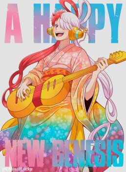 1girl absurdres asymmetrical_bangs chandllucky commentary feet_out_of_frame floral_print flower hair_flower hair_ornament hair_over_one_eye hair_rings happy_new_year headphones highres holding holding_instrument instrument japanese_clothes kimono long_hair long_sleeves looking_at_viewer multicolored_hair music new_year obi one_piece one_piece_film:_red open_mouth pink_kimono playing_instrument print_kimono red_hair sash solo twitter_username two-tone_hair uta_(one_piece) white_hair wide_sleeves
