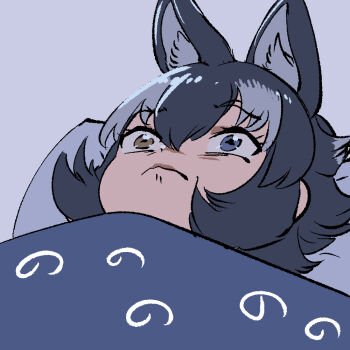 1girl animal_ears blanket blue_eyes close-up extra_ears frown grey_hair grey_wolf_(kemono_friends) hair_between_eyes heterochromia kemono_friends mcgunngu multicolored_hair pillow sidelocks solo under_covers white_hair wolf_ears wolf_girl yellow_eyes