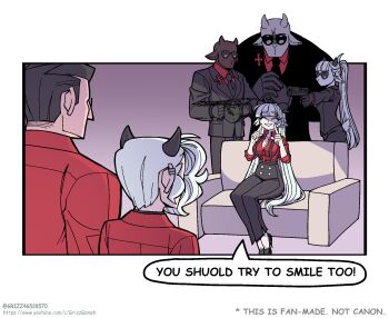 Rule 34 | 3boys, 3girls, artistic error, baphomet (grizz), black hair, black horns, black jacket, black pants, blunt bangs, clenched hand, closed eyes, collared shirt, comic, commentary, couch, demon horns, ear piercing, english text, formal clothes, from behind, goat bodyguard (grizz), goat boy, goat girl, goat horns, gradient background, grin, grizz, gun, handgun, hands up, helltaker, helltaker (character), high heels, highres, holding, holding gun, holding weapon, horns, index finger raised, jacket, machine gun, multiple boys, multiple girls, necktie, pants, parody, piercing, red shirt, segmented comic, shirt, short hair, sitting, smile, striped clothes, striped pants, style parody, submachine gun, suit, teeth, thompson submachine gun, vanripper (style), weapon, zdrada (helltaker)