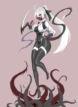 Rule 34 | 1girl, ahoge, arm blade, black bodysuit, bodysuit, breasts, cropped jacket, full body, high heels, hk33, jacket, large breasts, living clothes, long hair, mask, mouth mask, original, pink background, ponytail, red eyes, skin tight, symbiote, tentacles, very long hair, weapon, white hair, white jacket