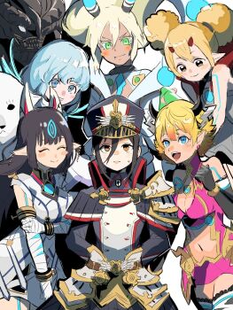 Rule 34 | 1boy, 4me3ba niku, 6+girls, black hair, blonde hair, blue hair, breasts, character request, cleavage, demon girl, demon horns, electra (xenoblade), group picture, highres, horns, kasandra (xenoblade), kora (xenoblade), large breasts, long hair, morag ladair (xenoblade), multiple girls, short hair, ursula (xenoblade), wulfric (xenoblade), xenoblade chronicles (series), xenoblade chronicles 2, zenobia (xenoblade)