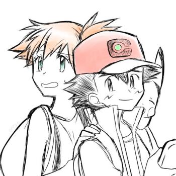 1boy 1girl ash_ketchum back-to-back backpack bag baseball_cap black_eyes black_hair cellphone closed_mouth eyelashes gen_1_pokemon green_eyes hair_between_eyes hand_on_another's_shoulder hat holding holding_phone jacket looking_at_viewer looking_back misty_(pokemon) nintendo on_shoulder open_clothes open_jacket open_mouth orange_hair partially_colored phone pikachu pokemon pokemon_(anime) pokemon_(classic_anime) pokemon_(creature) pokemon_on_shoulder pokemon_rgby ponytail popped_collar shirt short_hair side_ponytail simple_background sleeveless smartphone smile spiked_hair suspenders sweatdrop upper_body white_background white_shirt