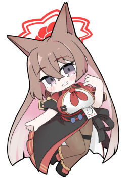 1girl animal_ear_fluff animal_ears apron black_apron black_shoes blue_archive blush_stickers breasts brown_hair brown_pantyhose full_body hair_between_eyes halo hand_up head_tilt jacket large_breasts long_hair looking_at_viewer miranofuudoria pantyhose purple_eyes red_jacket red_skirt rumi_(blue_archive) shirt shoes short_sleeves simple_background skirt smile solo very_long_hair white_background white_shirt