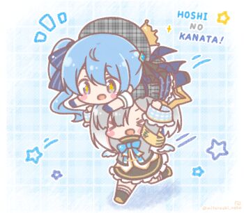 Rule 34 | > <, + +, 2girls, :d, amane kanata, amane kanata (1st costume), armband, arms up, beret, black boots, black skirt, blue eyes, blue gloves, blue hair, blue wings, blush stickers, boots, carrying overhead, chibi, closed eyes, colored shadow, commentary request, crown, detached wings, falling star, frilled skirt, frilled sleeves, frills, gloves, gradient wings, grey hair, grey hat, grey jacket, grey skirt, hair between eyes, hat, highres, hololive, hoshimachi suisei, hoshimachi suisei (1st costume), jacket, long sleeves, mini crown, mini wings, mitarashi neko, motion lines, multicolored hair, multicolored wings, multiple girls, notice lines, open mouth, outstretched arms, pink hair, plaid clothes, plaid hat, plaid jacket, plaid skirt, plaid socks, romaji text, running, shadow, shirt, side ponytail, skirt, smile, socks, speed lines, star (symbol), streaked hair, translation request, virtual youtuber, white shirt, white wings, wings, xd