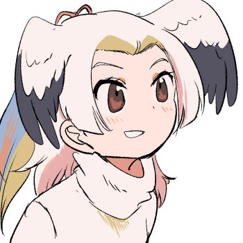 1girl bird_girl bird_wings blush brown_eyes feathered_wings great_white_pelican_(kemono_friends) head_wings kemono_friends long_hair mcgunngu multicolored_hair pink_hair red_ribbon ribbon simple_background solo sweater upper_body white_sweater wings
