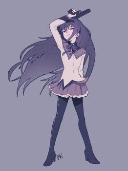 Rule 34 | 1girl, akemi homura, akemi homura (magical girl), argyle clothes, argyle pantyhose, arm above head, artist logo, black hairband, frilled skirt, frills, full body, gun, hairband, handgun, highres, holding, holding gun, holding weapon, logo, long hair, magical girl, mahou shoujo madoka magica, mahou shoujo madoka magica (anime), mochitose aguri, purple background, purple skirt, purple theme, simple background, skirt, solo, weapon