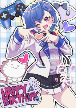 1girl absurdres animal_ears black_skirt blue_hair cat cat_ears commentary_request controller dolphin fake_animal_ears fake_whiskers fang four-finger_heart_hands game_controller hair_ornament hairpin happy_birthday heart heart_hands highres jacket jaromaro_(avyj8778) looking_at_viewer medium_hair nijisanji nishizono_chigusa nishizono_chigusa_(1st_costume) one_eye_closed open_mouth purple_eyes shirt skin_fang skirt smile solo virtual_youtuber white_jacket white_shirt