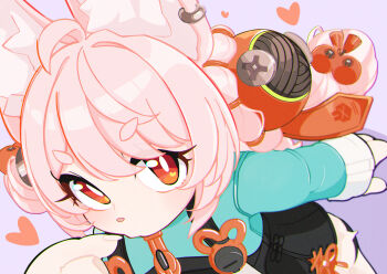 1girl ahoge animal_ear_fluff animal_ear_piercing animal_ears braid bright_pupils commentary_request furry furry_female hair_ornament highres komichi-mayoimichi long_hair looking_at_viewer pink_fur pink_hair rabbit_ears rabbit_girl red_eyes shirt short_eyebrows solo thick_eyebrows twin_braids white_pupils zenless_zone_zero zhao_(zenless_zone_zero)